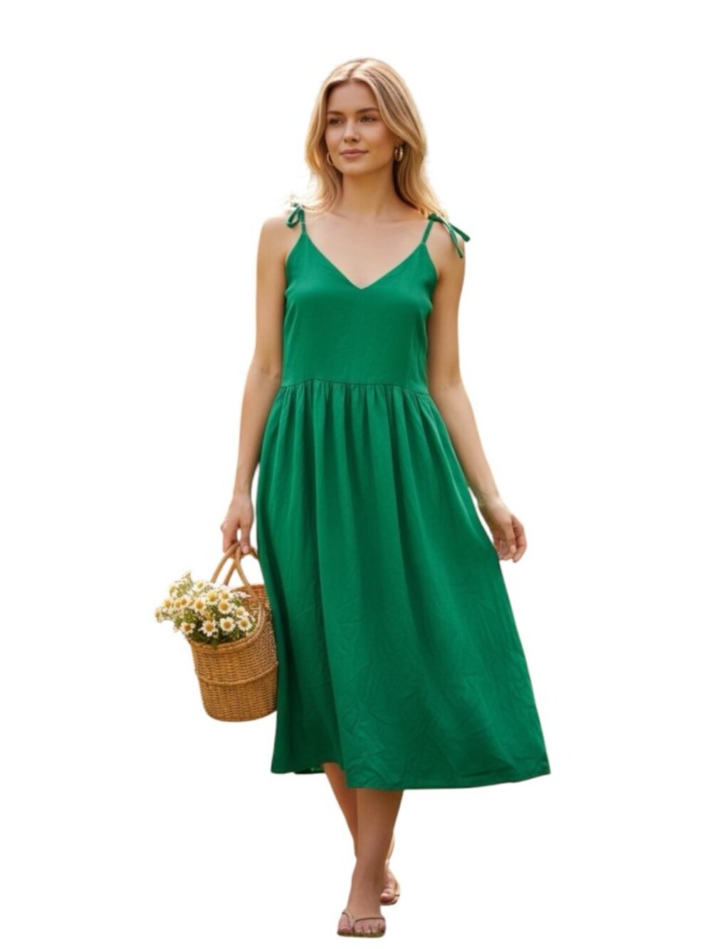 & Other Stories Green Sundress Womens Size M Midi Sleeveless Boho Cottagecor